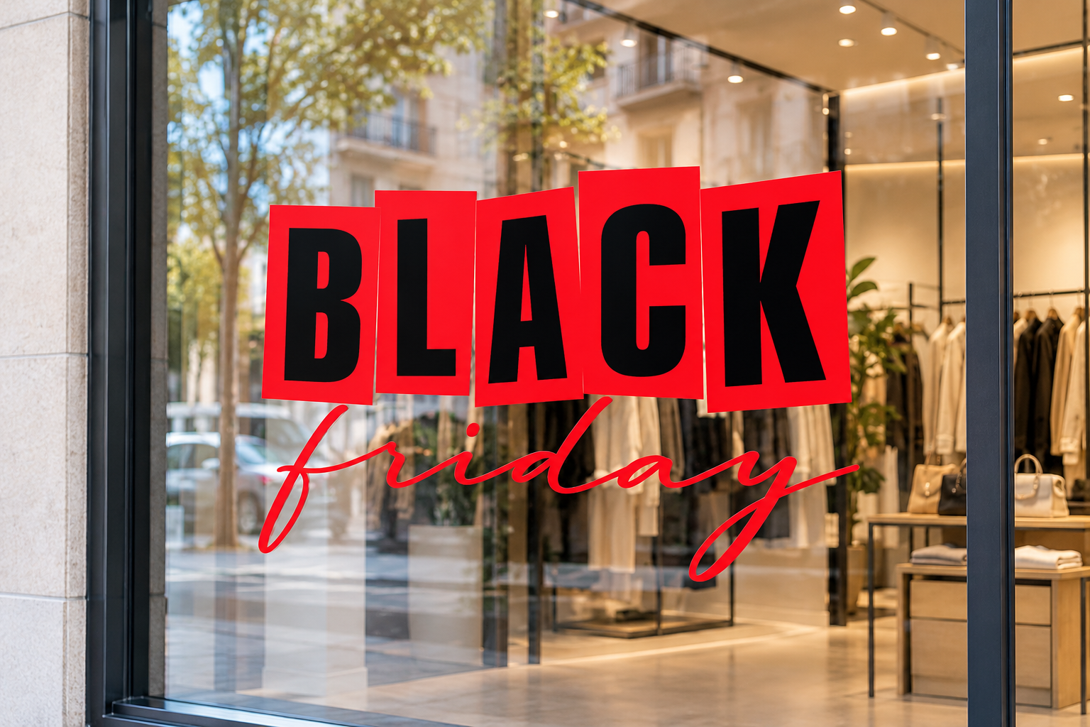 Vinilo Black Friday con letras rojas y negras