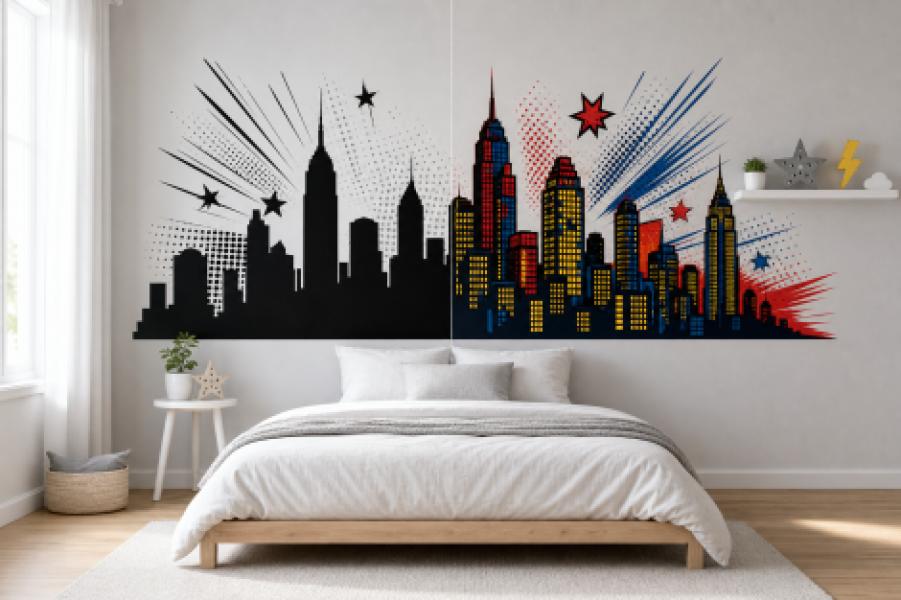 Vinilo mural Ciudad Heroica (skyline estilo cómic)