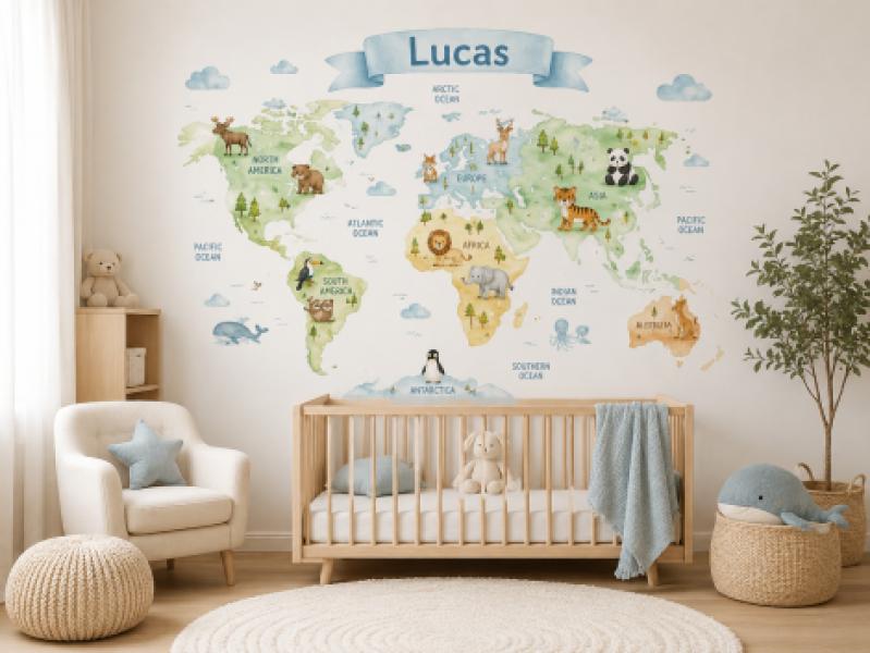 Vinilo Mapamundi Animales en Acuarela (personalizable)