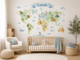 Vinilo Mapamundi Animales en Acuarela (personalizable)