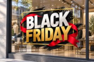 Vinilo Oferta Black Friday en negro, oro y rojo